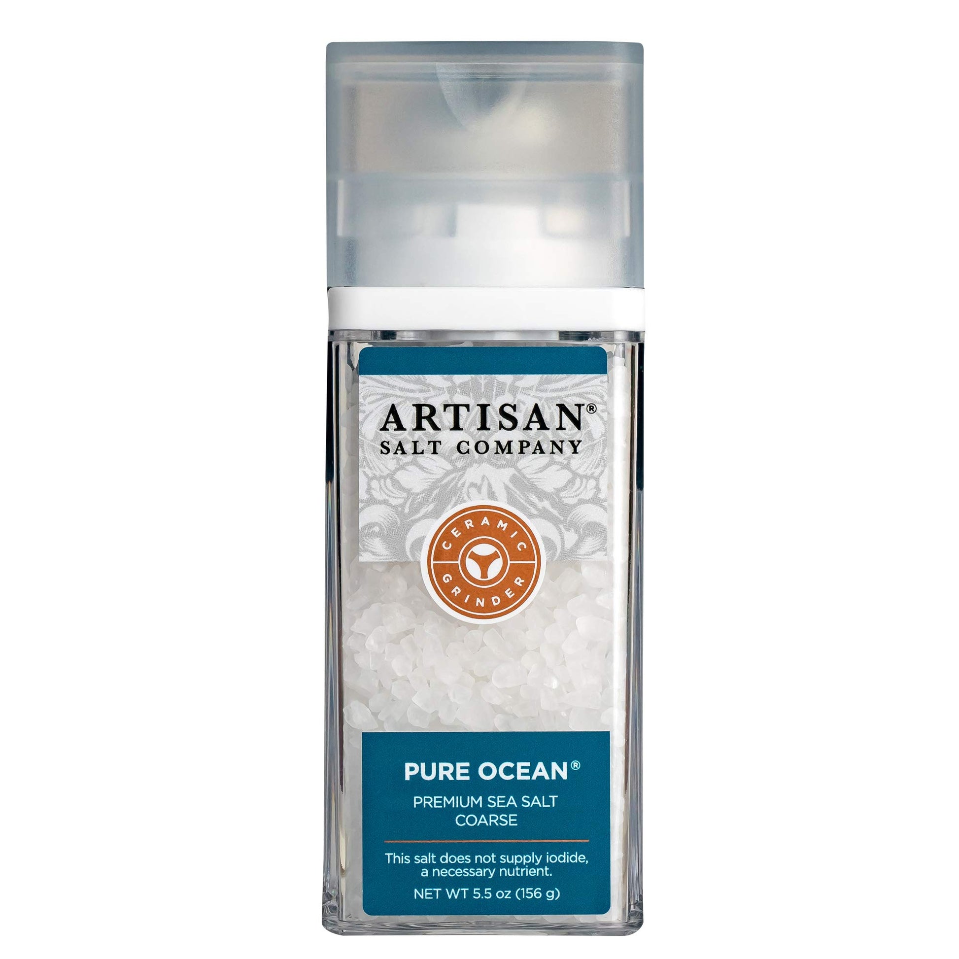 ARTISAN SALT Pure Ocean Sea Salt, Coarse, 5.5 Oz Grinder Jar, White Crystals