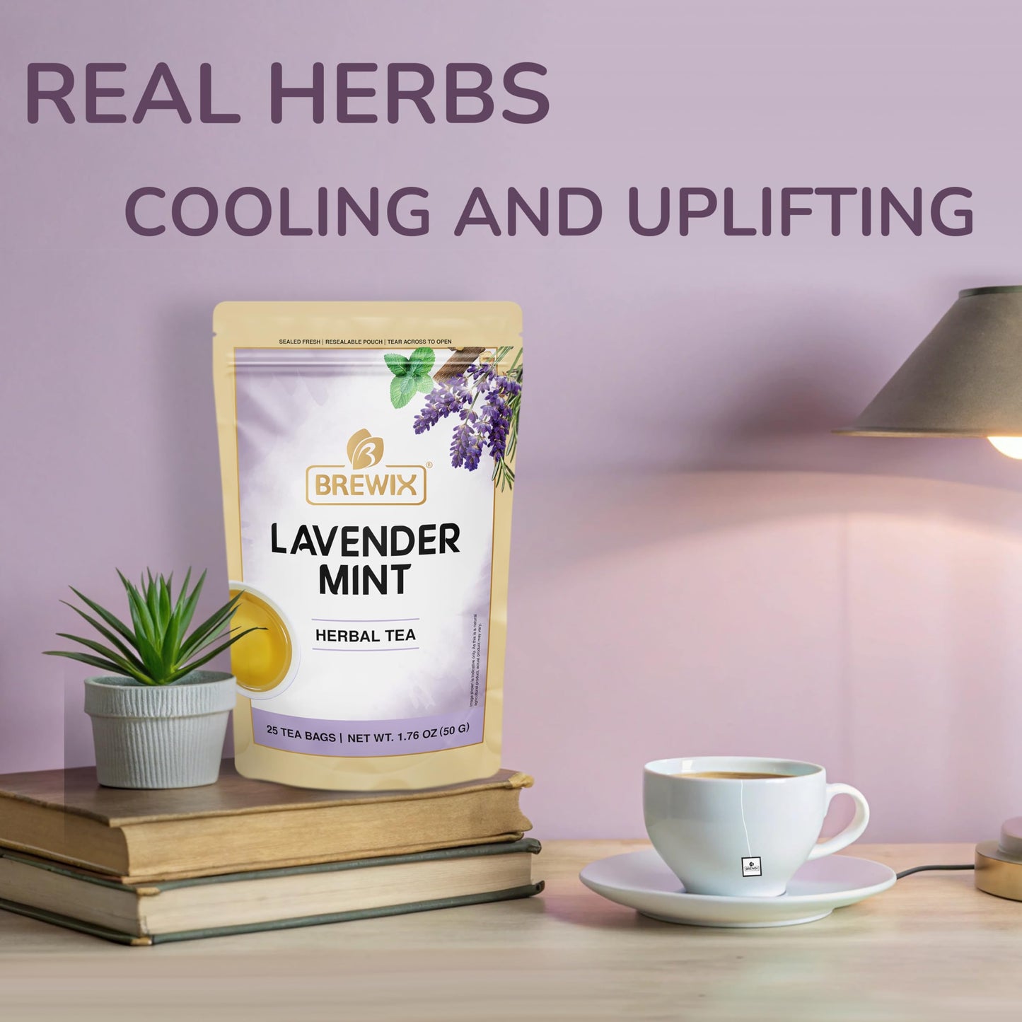 BREWIX Lavender Mint Herbal Tea, Caffeine Free, 25 Pyramid Bags