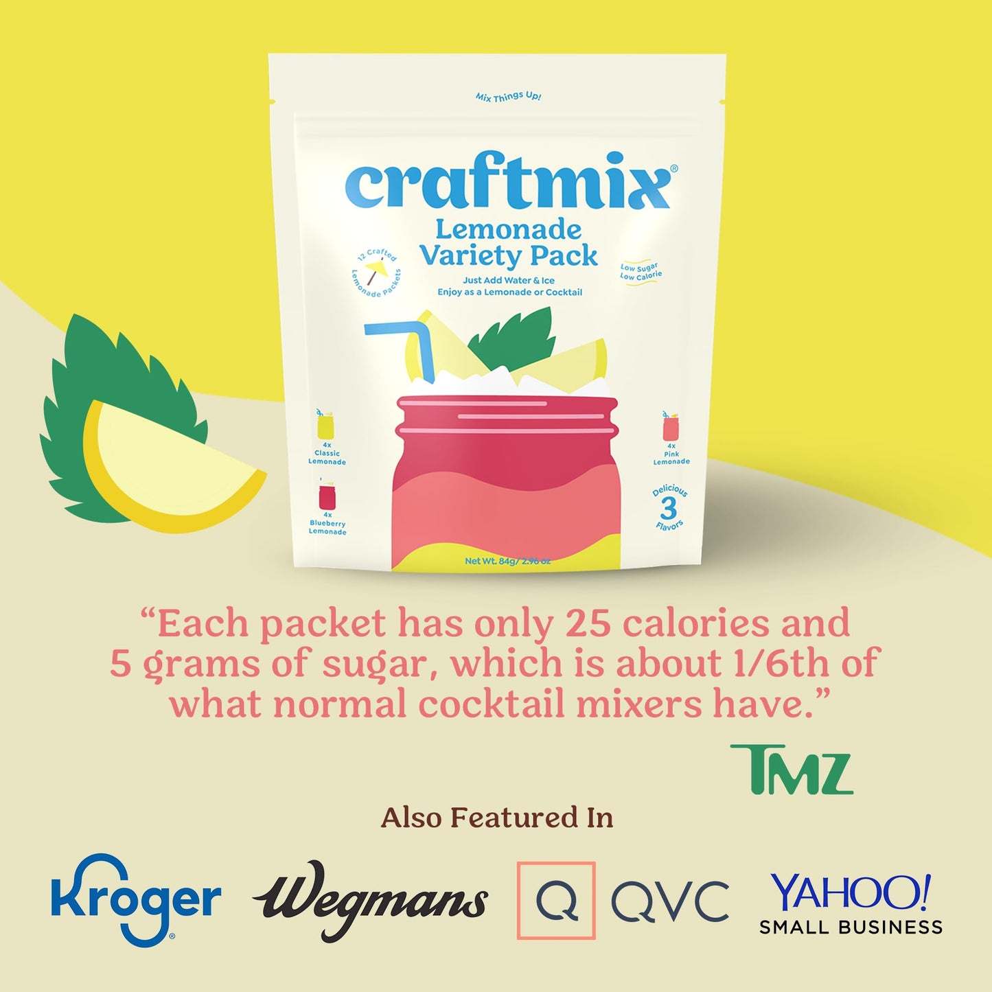 Craftmix Lemonade Variety Mix  12 Packets  Easy Powder Drink with Real Fruit  Low-Sugar  Vegan  Low-Carb  Non-GMO  Dairy-Free  Gluten-Free  Flavored Water Enhancer  On-the-Go Water Flavoring Packets