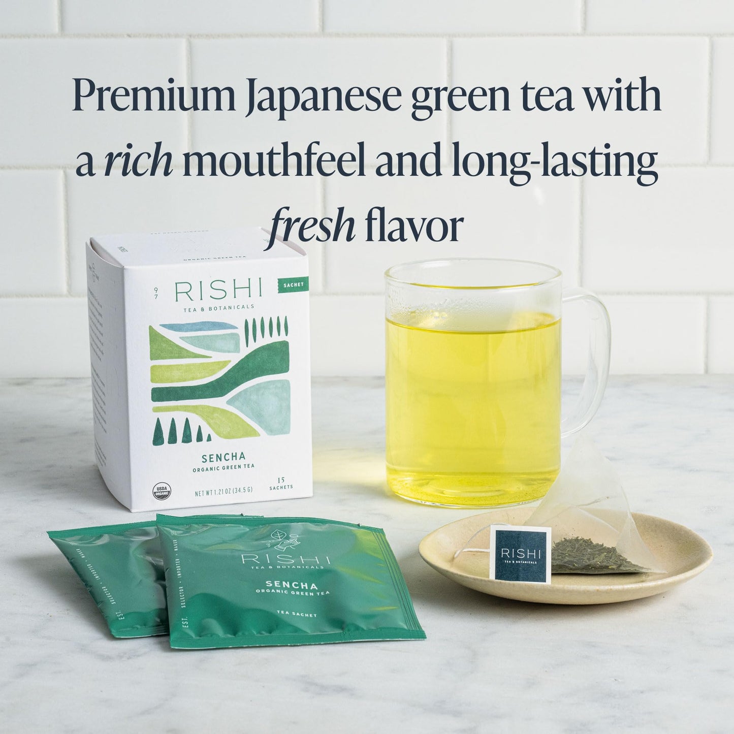 Rishi Tea Sencha Green Tea | USDA Organic Direct Trade Sachet Tea Bags  Certified Kosher Caffeinated Japanese Green Tea | 15 Count (Pack of 6)