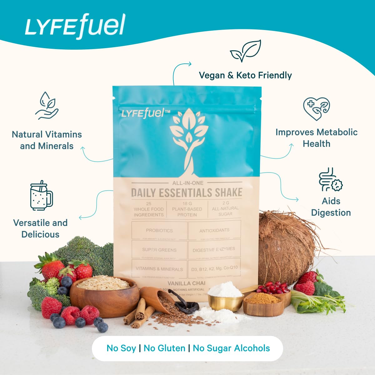 LyfeFuel All-in-One Essentials Nutrition Shake | 18g Plant-Based Protein | Vanilla | 26.4 oz | 24 Servings