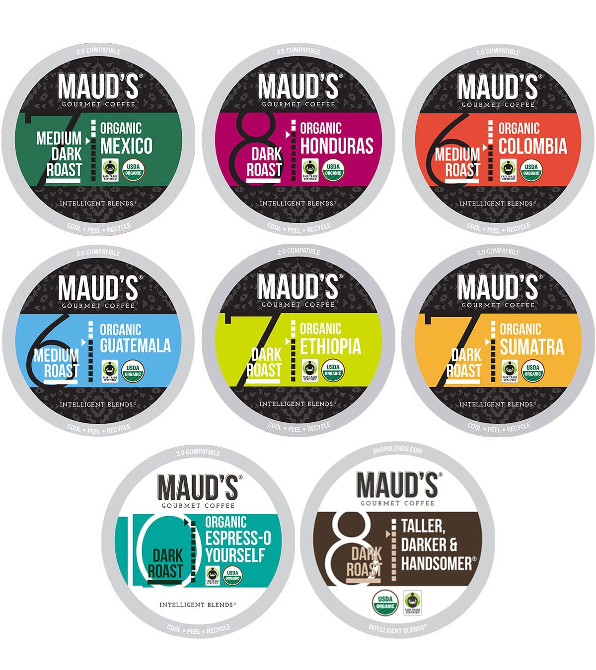 Maud s Organic Coffee Pods Variety Pack, 56 ct, 8 Assorted Flavors, Recyclable Single Serve Pods - 100% Arabica Coffee, Compati