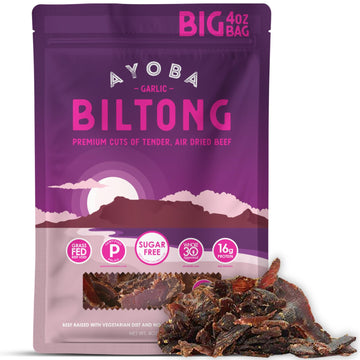 Ayoba Garlic Grass Fed Beef Biltong Slices (4 Ounce, Pack of 1) - Keto Friendly Air-Dried Grass Fed Beef Paleo Snacks - Gluten F