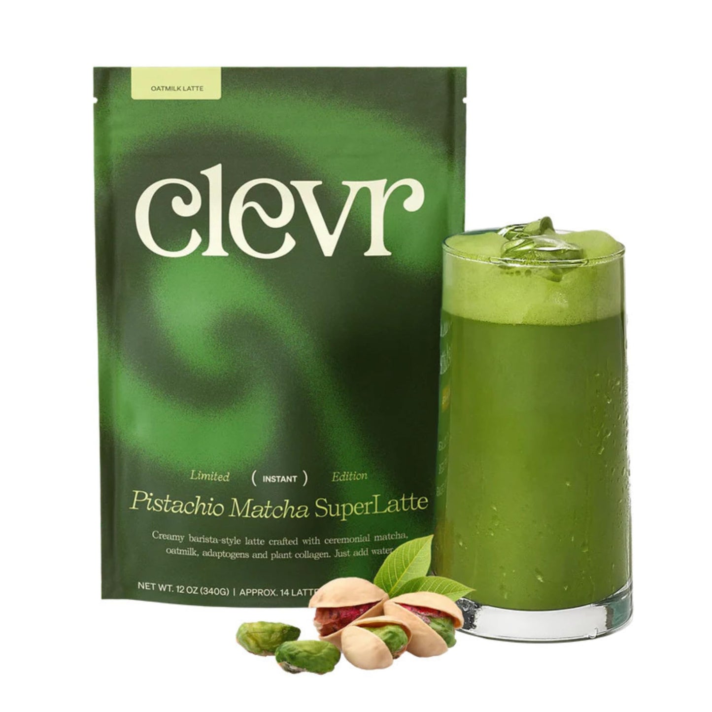 Clevr Blends Pistachio Matcha SuperLatte  Organic Ceremonial Grade  Instant Superfood Powder Blend with Lions Mane  Reishi Mushroom  Coconut Cream  Oat Milk  Ashwagandha  Serve Hot or Iced (14 Lattes)