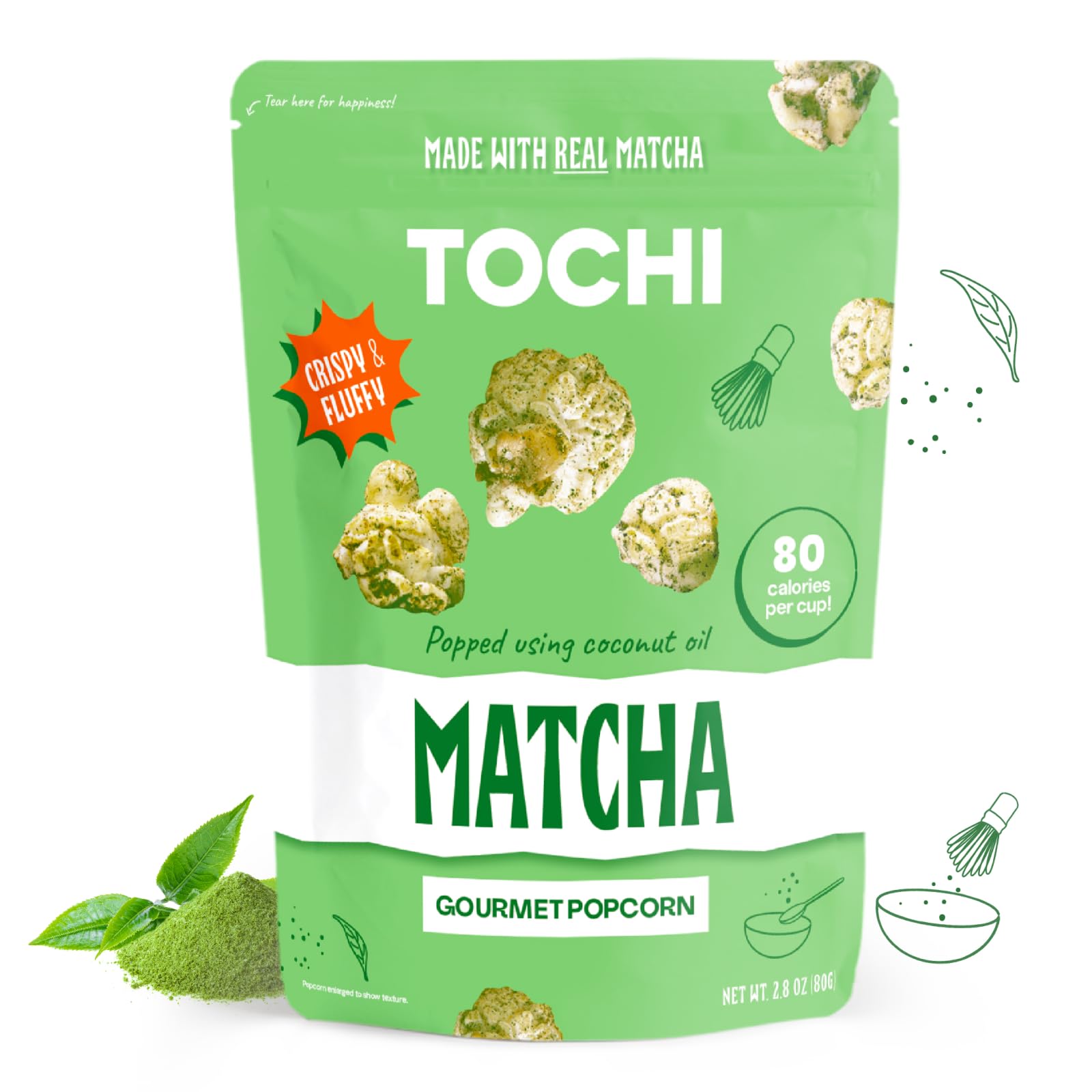 Tochi Gourmet Popcorn Snacks - Matcha Flavor - Using Large Popcorn Kernels, Popcorn Balls, Gluten Free, Non Gmo Corn, All Natural, Healthy Pop Corn Individual Bags, Made With Coconut Oil (2.8 (1 Pack))