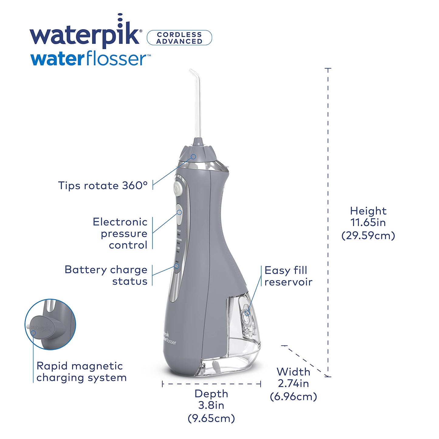 Waterpik Cordless Advanced Water Flosser For Teeth, Gums, Braces, Dental Care With Travel Bag And 4 Tips, Ada Accepted, Recharge