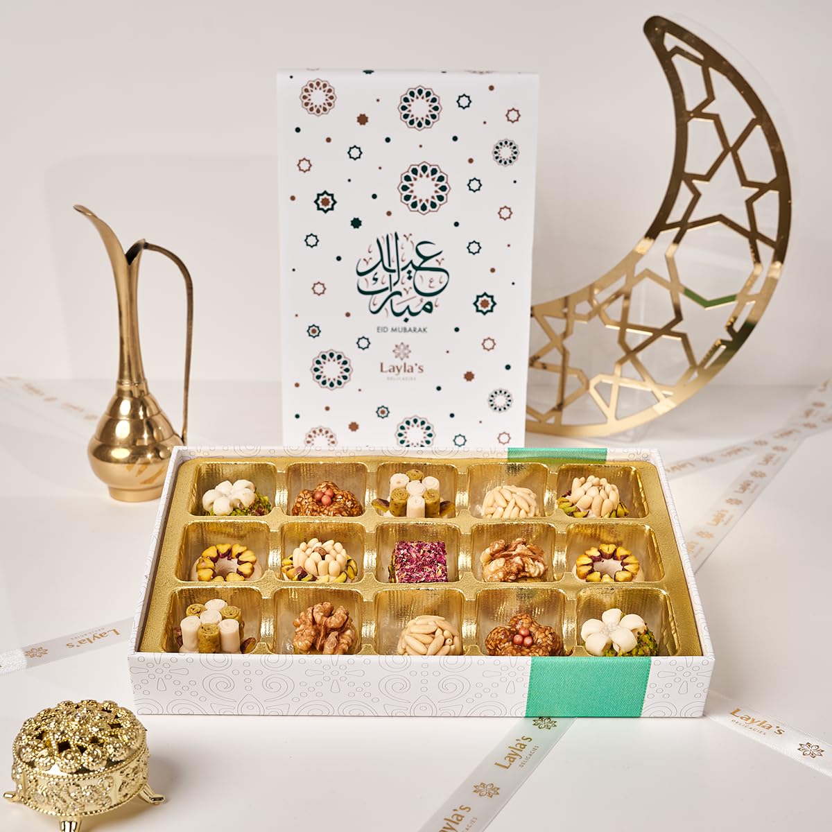 Laylas Delicacies Mediterranean Treats Gift Box for Eid Mubarak - Handmade Healthy Mixed Nutty Flavors Pastries - Halal, Vegetar