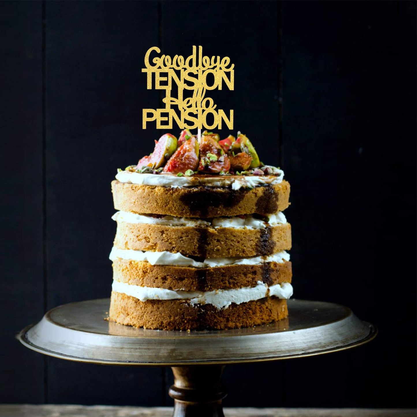 Goodbye Tension Hello Pension Cake Topper,Double Sided Gold Glitter Happy Retirement Party Decorations Leaving Party Sign
