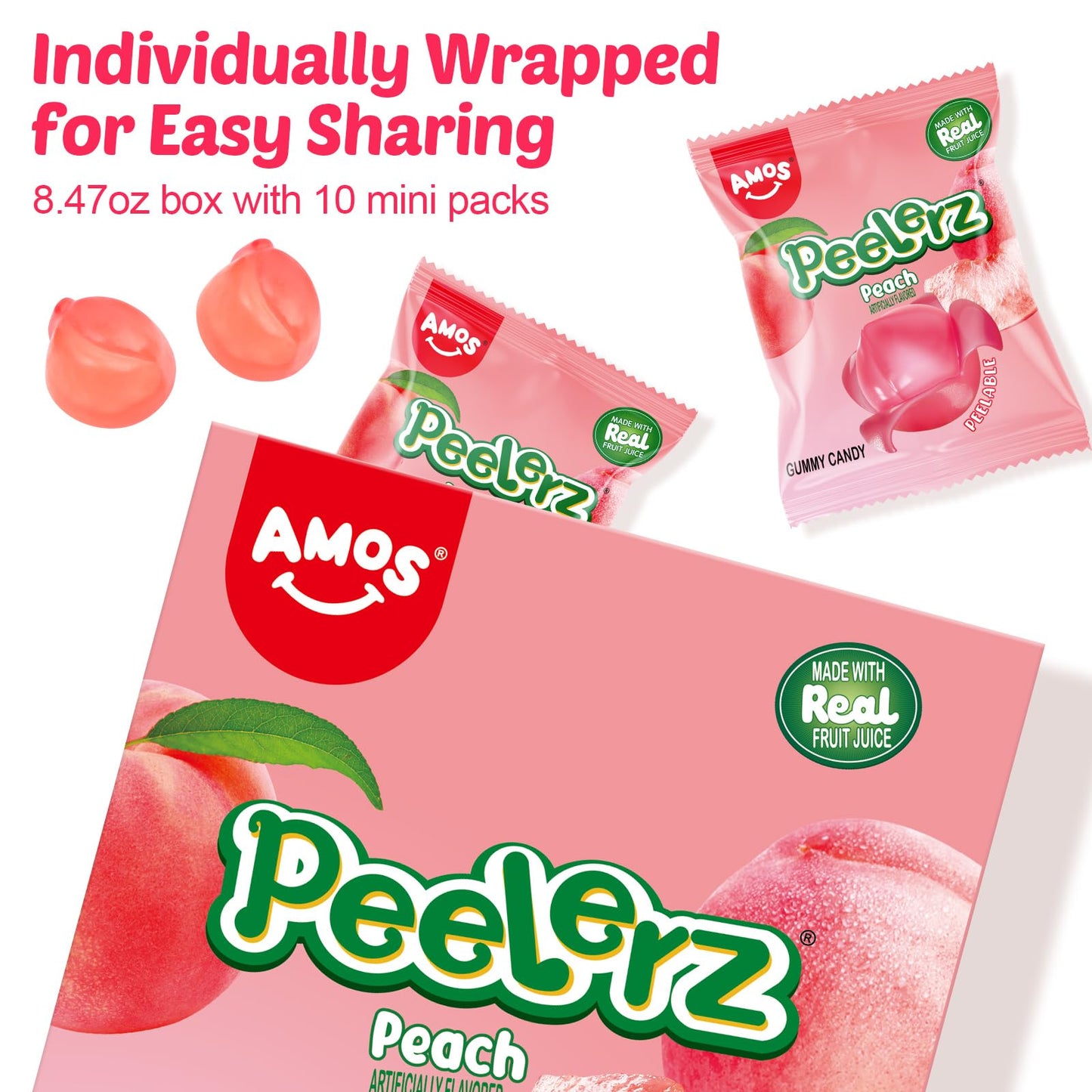 Amos Gummy Peach Candy, Peelable Fruit-Shaped Snack, 8.47oz Box with 10 Packs
