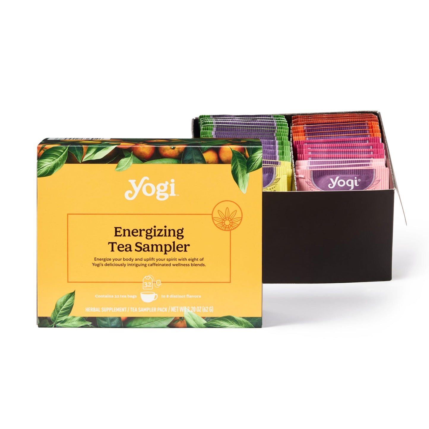 Yogi Organic Tea Energy Sampler Box - 32 Tea Bags, 8 Energizing Black & Green Teas, Contains Caffeine, 2.20 OZ