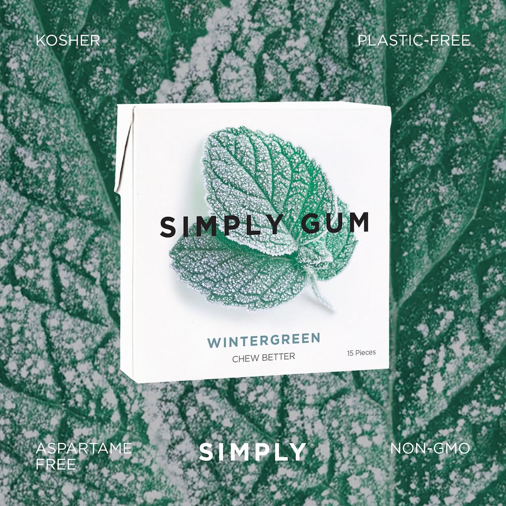 Simply Gum Wintergreen Chewing Gum, Plastic-Free, Vegan, 6 Pack (90 Pieces), Green