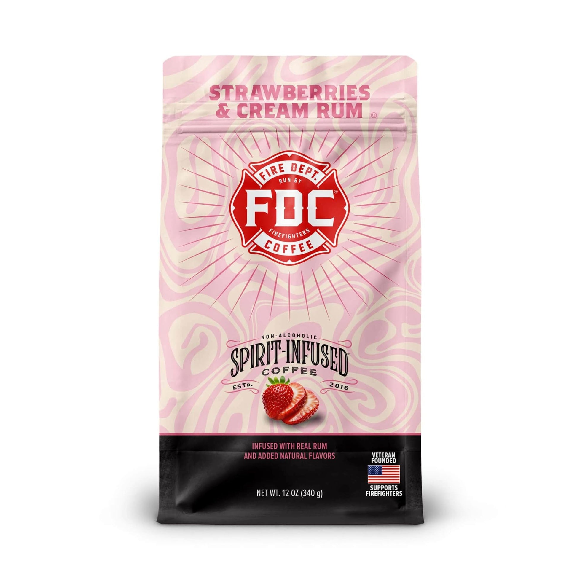 Fire Department Coffee Whole Bean Coffee - Medium Roast - 12 oz - Strawberries & Cream Rum Infused - Non-Alcoholic - Veteran Owned