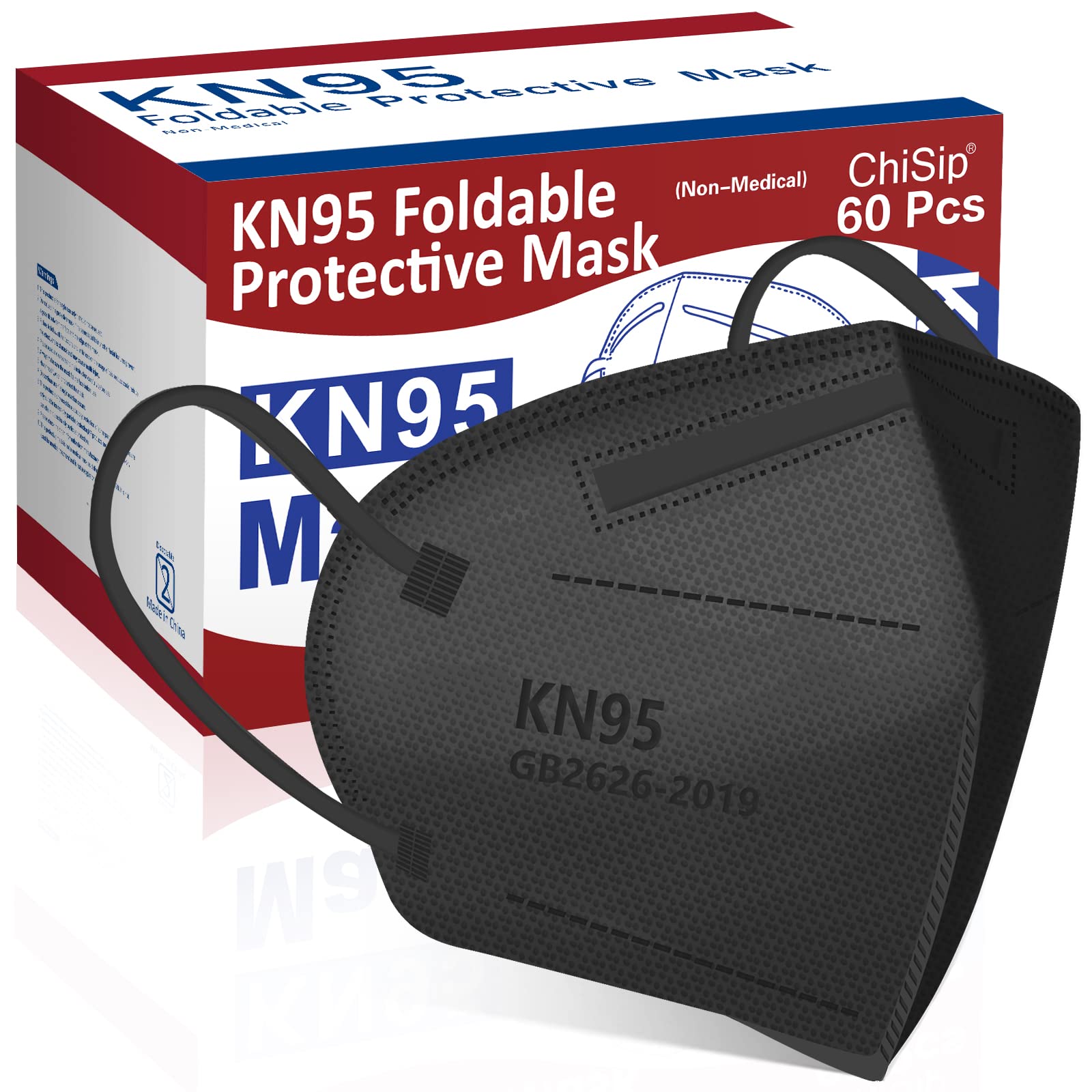 Chisip Kn95 Face Mask 60 Pcs, 5 Layer Cup Dust Safety Masks, Breathable Protection Masks Against Pm2.5 Dust For Men, Women Black