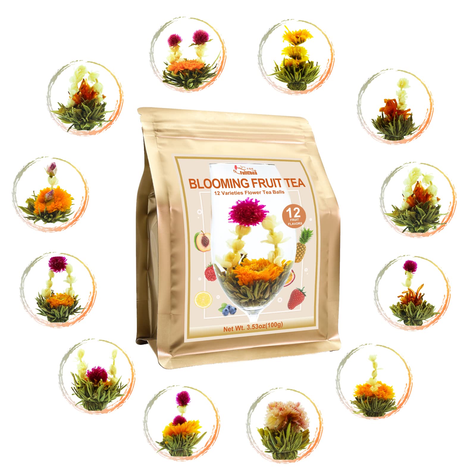 Fullchea - Blooming Flowering Tea, 12 Unique Varieties - Flowering Tea In 12 Delicious Fruit Flavors - Gift For Tea Lovers, Christmas, Anniversary, Valentine, Birthday