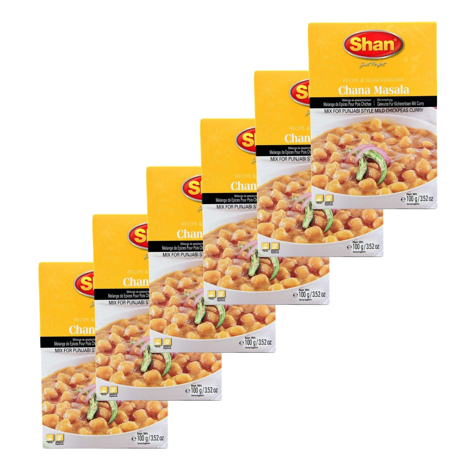 Shan Chana Masala Recipe and Seasoning Mix, 3.52 oz (Pack of 6) - Vegetarian Spice Powder for Punjabi Chickpeas Curry