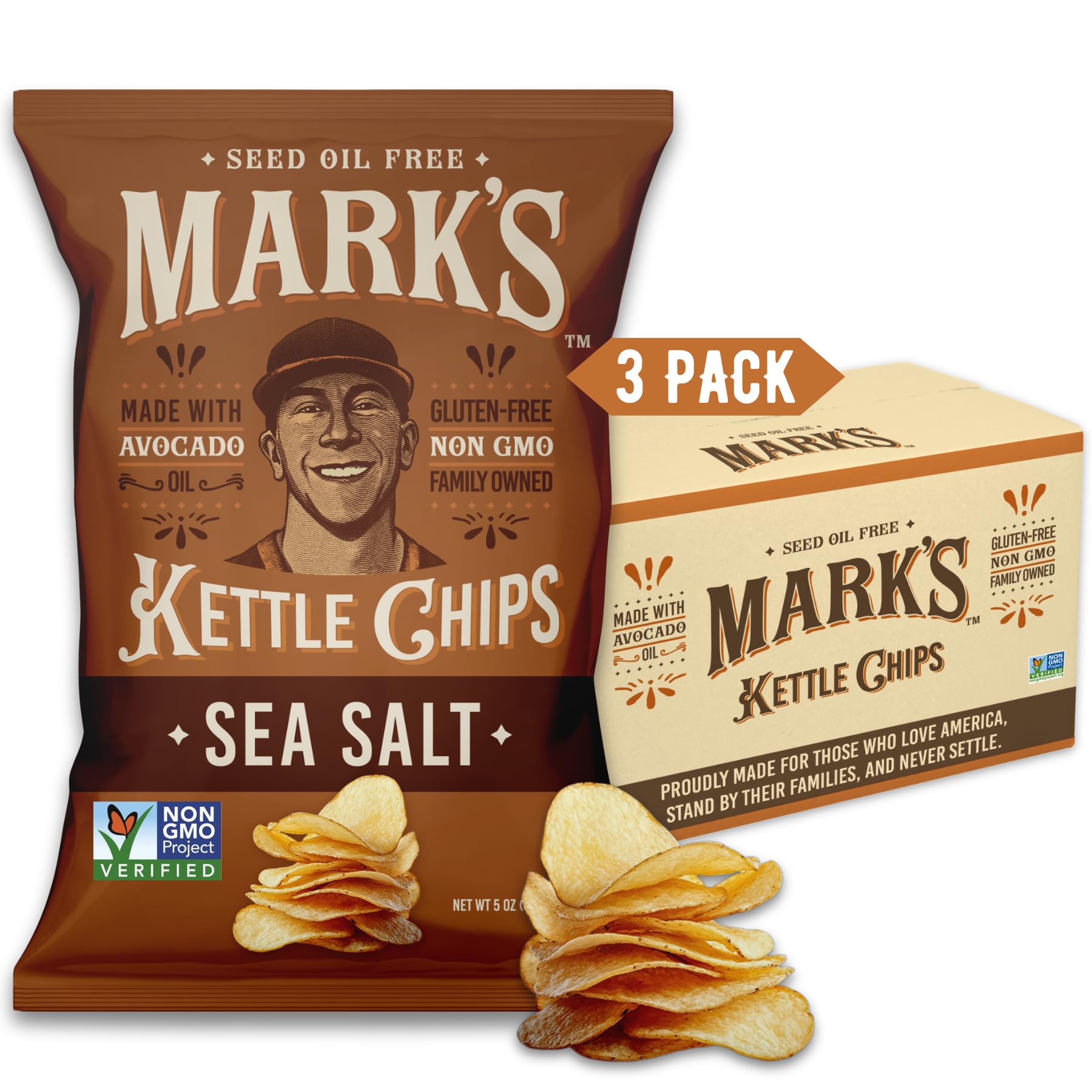 MARKS Kettle Cooked Avocado Oil Potato Chips  Sea Salt - Seed Oil & GMO Free | Sea Salt  5 oz (Pack of 3) | Gluten Free  Non-GMO Chips for Clean & Healthy Snacking