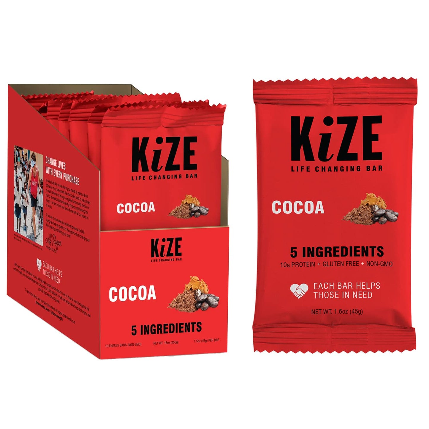 Kize Energy Bar, Cocoa, 5 Ingredients, 10G Grass-Fed Whey Protein, Clean & Simple Real Food, Gluten Free, Non-Gmo, Soy Free, Mis