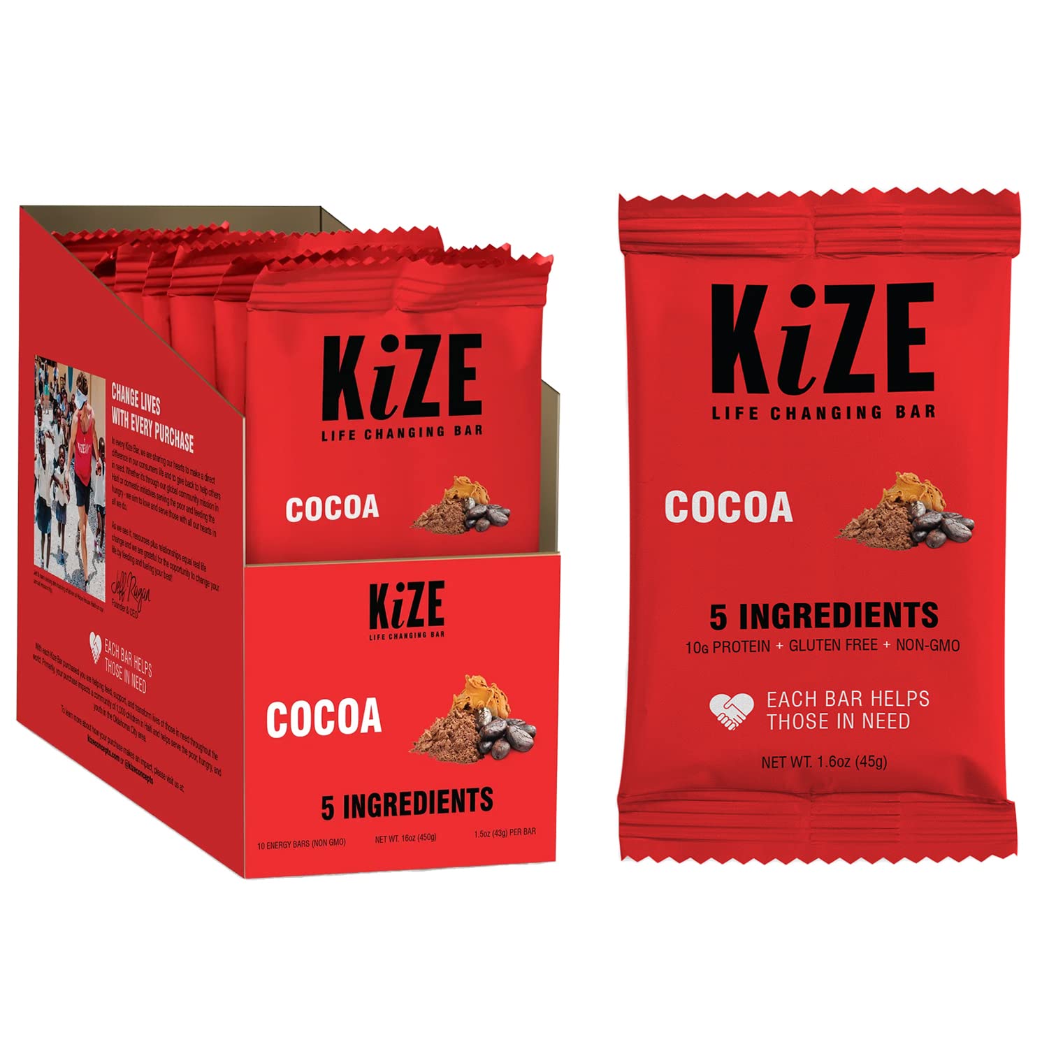 Kize Energy Bar, Cocoa, 5 Ingredients, 10G Grass-Fed Whey Protein, Clean & Simple Real Food, Gluten Free, Non-Gmo, Soy Free, Mis