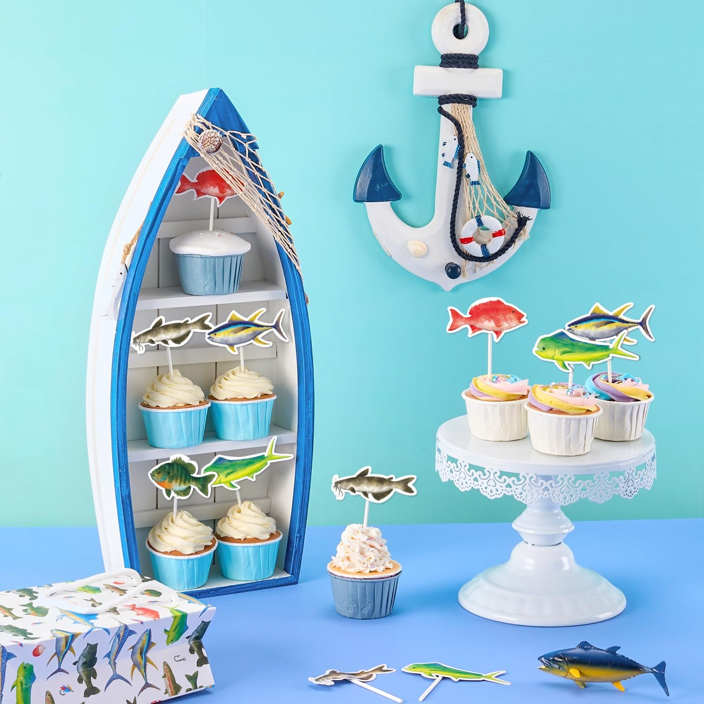 Wernnsai 36Pcs Fishing Cupcake Toppers Gone Fishing Birthday Cake Toppers Supplies For Baby Shower Fisherman Boys Birthday Party