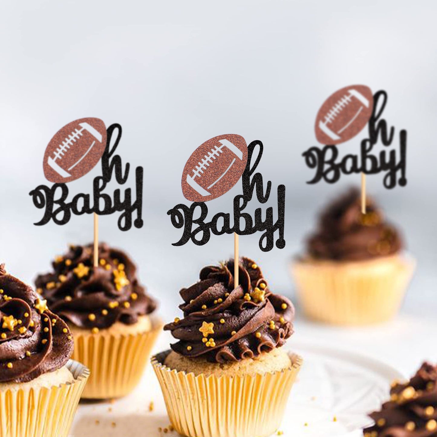 Ercadio 24 Pack American Football Oh Baby Cupcake Toppers Black Glitter Rugby Oh Baby Cupcake Picks Sports Theme Oh Baby Cupcake