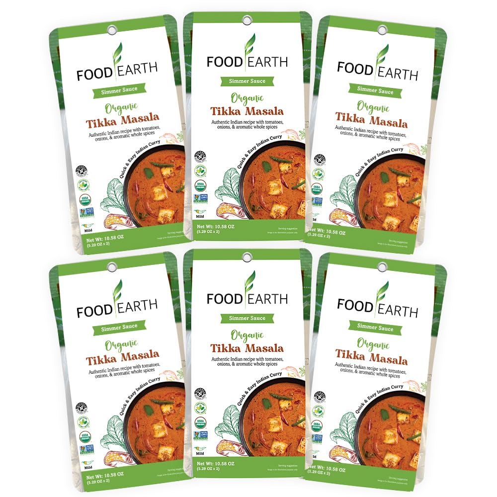 Food Earth Indian Simmer Sauce - Tikka Masala - Organic, Vegan, Gluten-Free, GMO-Free - Microwavable Cooking Sauce - 12 Pouches 