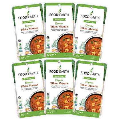Food Earth Indian Simmer Sauce - Tikka Masala - Organic, Vegan, Gluten-Free, GMO-Free - Microwavable Cooking Sauce - 12 Pouches 