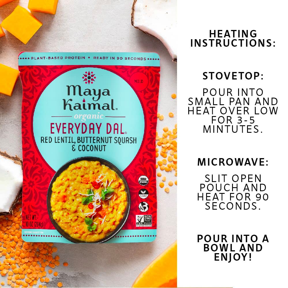 Maya Kaimal - Organic Indian Everyday Dal - Red Lentil 10Oz - Fully Cooked With Butternut Squash And Coconut - Vegan - Microwava