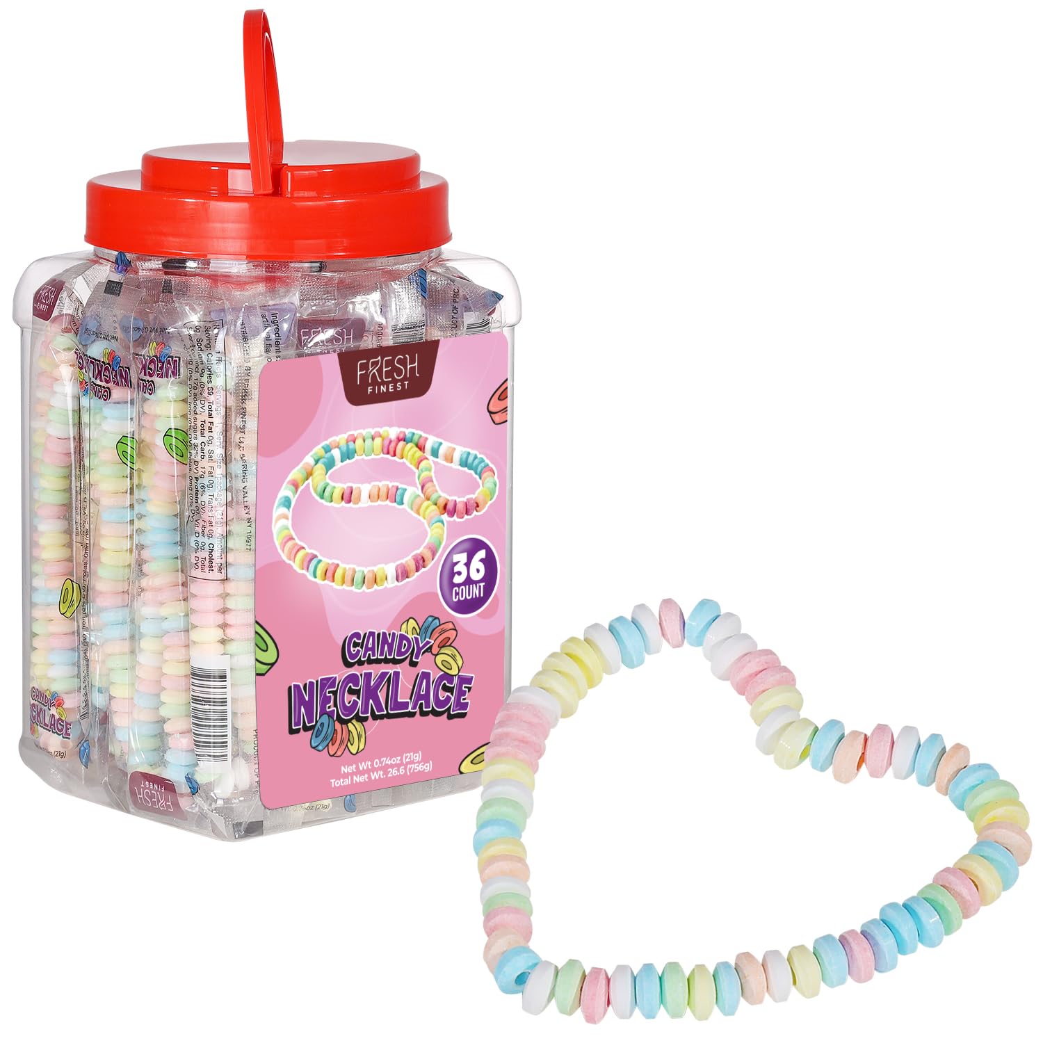 Fresh Finest Candy Necklaces - 36-Count Bulk, Individually Wrapped, Ideal for Party Favors and Goody Bags