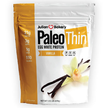 Julian Bakery Paleo Thin Protein Powder | Vanilla | Egg White | 21g Protein | 3 Net Carbs | Soy-Free | 1.92 LBS | 30 Servings