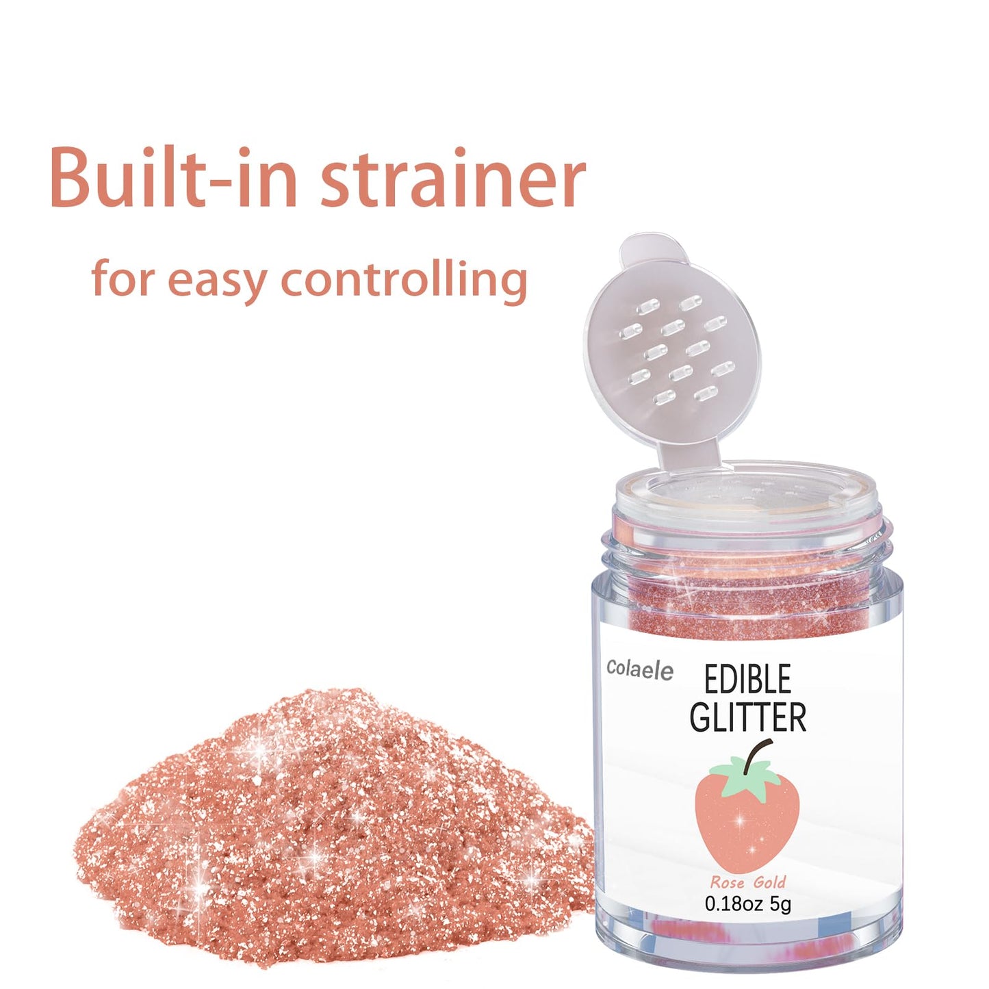 Colaele Rose Gold Edible Glitter - Food Grade Luster Dust for Cakes & Drinks, 5g Vegan Sprinkle