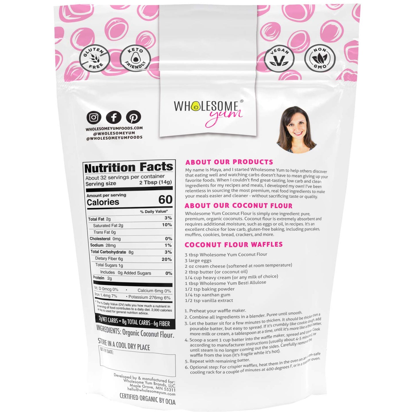 Wholesome Yum Organic Coconut Flour - Low Carb, Gluten Free, Non GMO, Keto Friendly - 16 oz (1 lb)