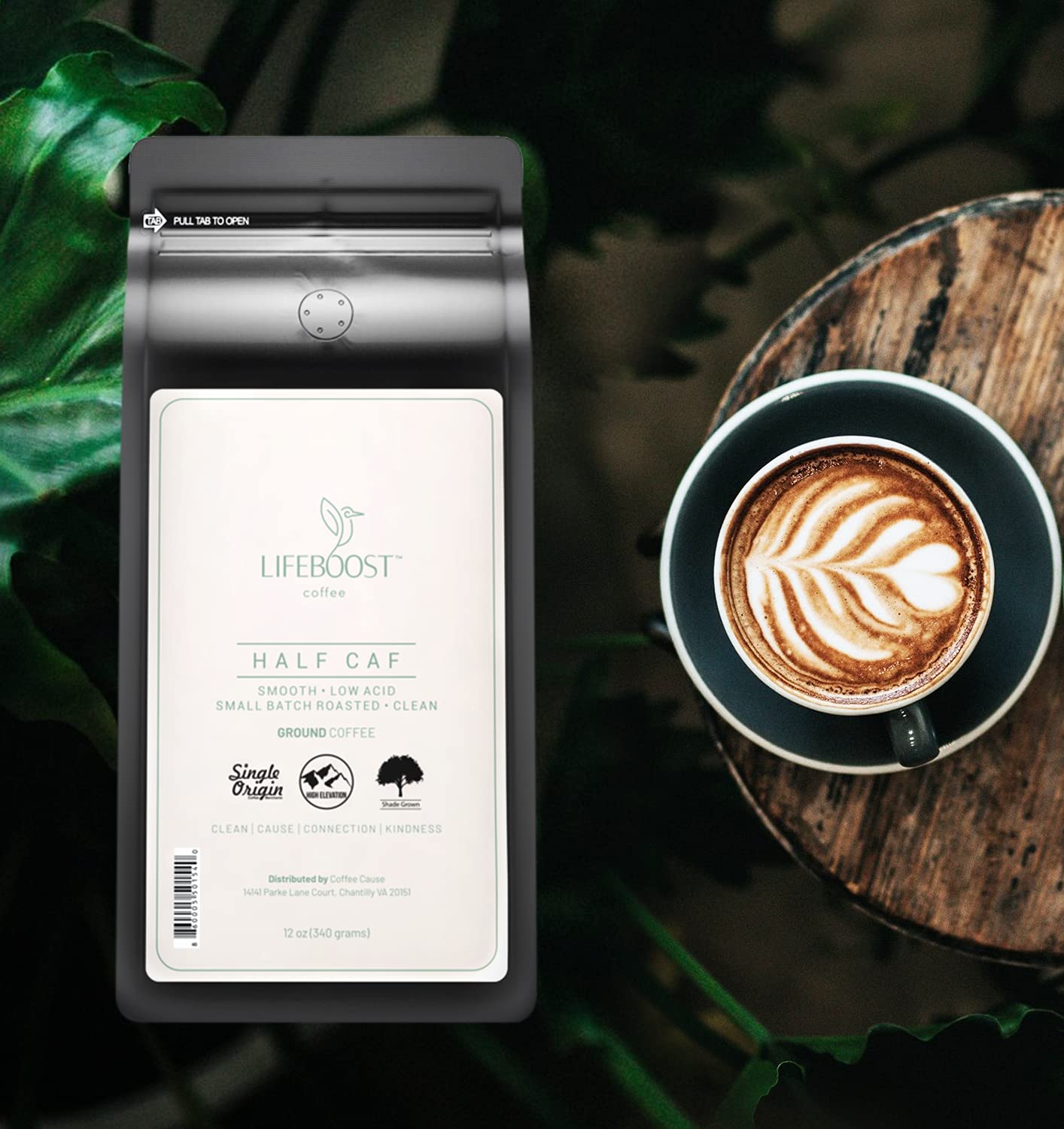 LIFEBOOST Half Caff Ground Coffee - Low Acid, Non-GMO, USDA Organic - 12 Ounce