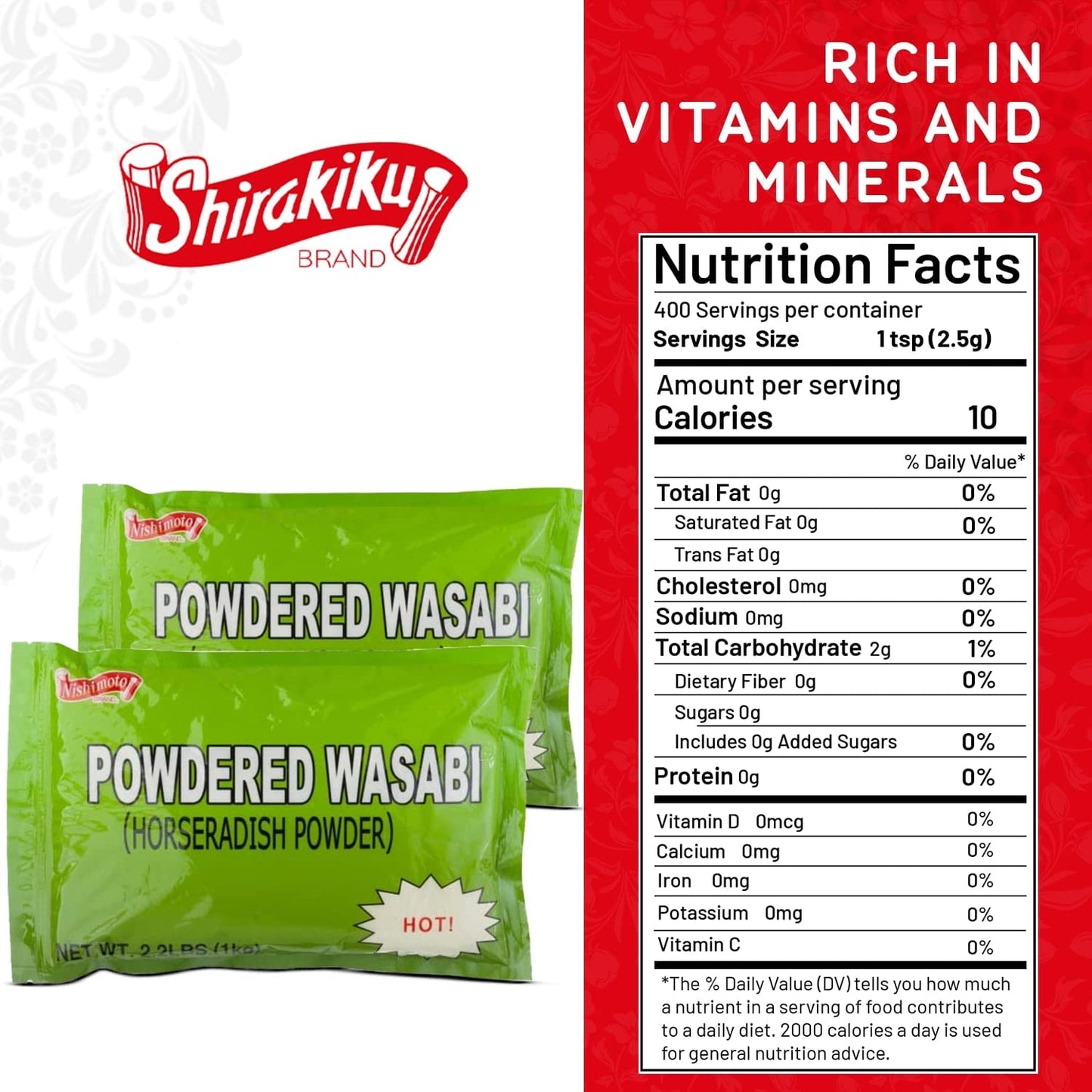 Shirakiku Wasabi Powder, Kosher Certified, 2.2 lb, Perfect for Asian Cuisine, 18.7 cm x 5 cm x 27.8 cm