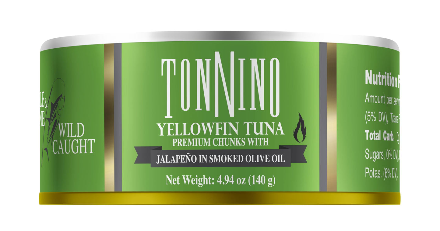 Tonnino Yellowfin Tuna Fish with Jalapeno in Smoked Olive Oil, 4.94 oz (Pack of 12) - Ready to Eat Protein Snacks