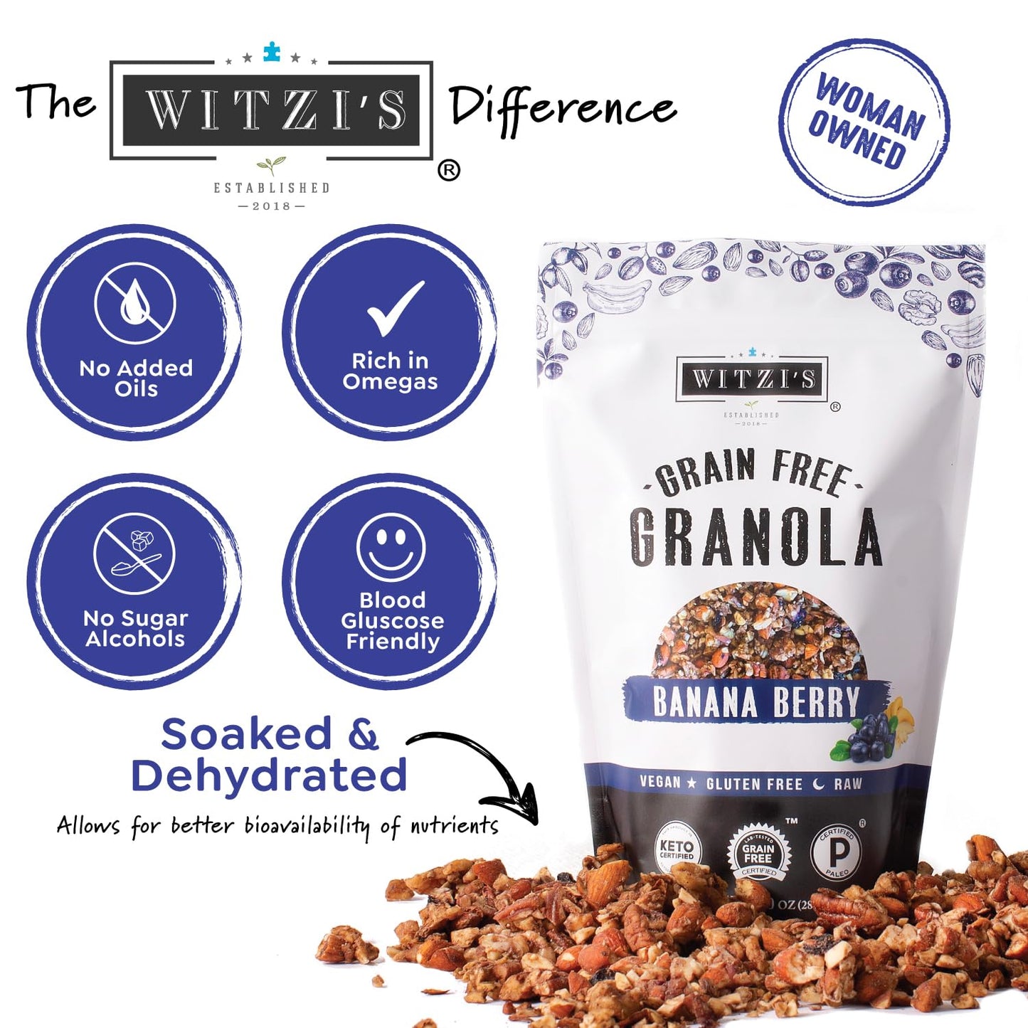 Witzi'S Grain Free Granola, Banana Berry, 5Oz (Pack Of 3), Made With Almonds, Banana & Blueberries, Vegan, Keto, Gluten Free, He