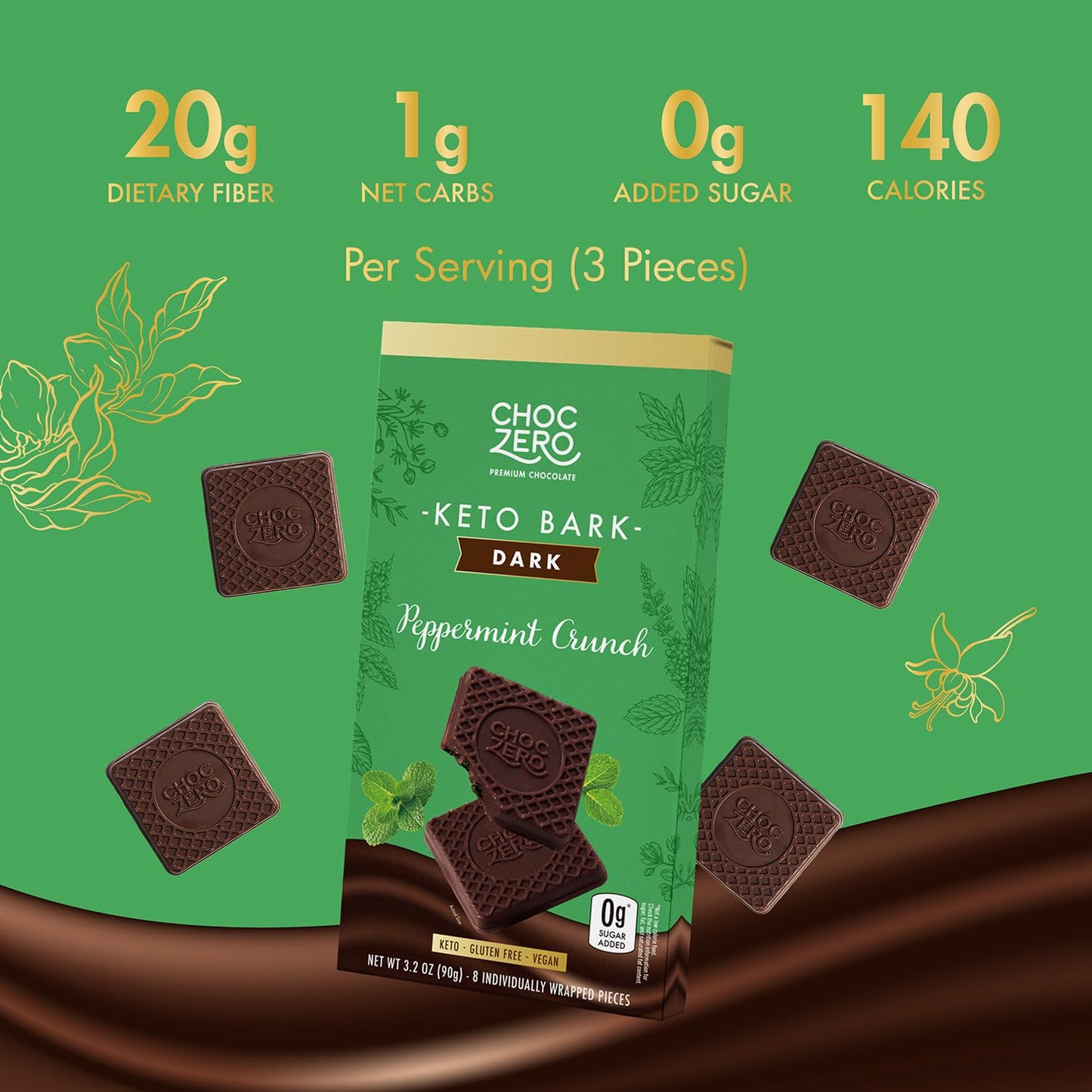 Choczero Peppermint Crunch Keto Bark, Dark Chocolate Candy Bar, Sugar Free, Vegan, Gluten Free, 3.2 Ounce (Pack Of 4)