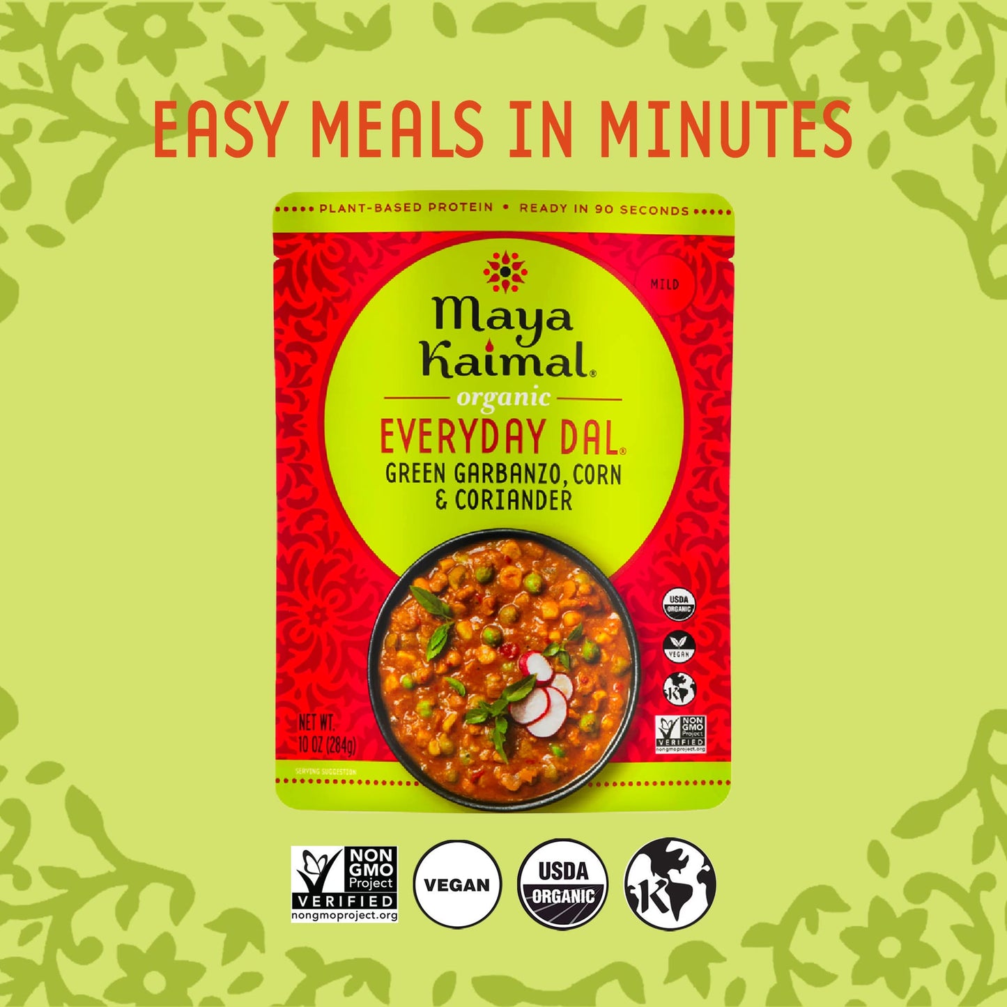 Maya Kaimal Organic Indian Everyday Dal Green Garbanzo Corn And Coriander, Plant Based, Non Gmo, Certified Kosher, Vegan, 10 Oun