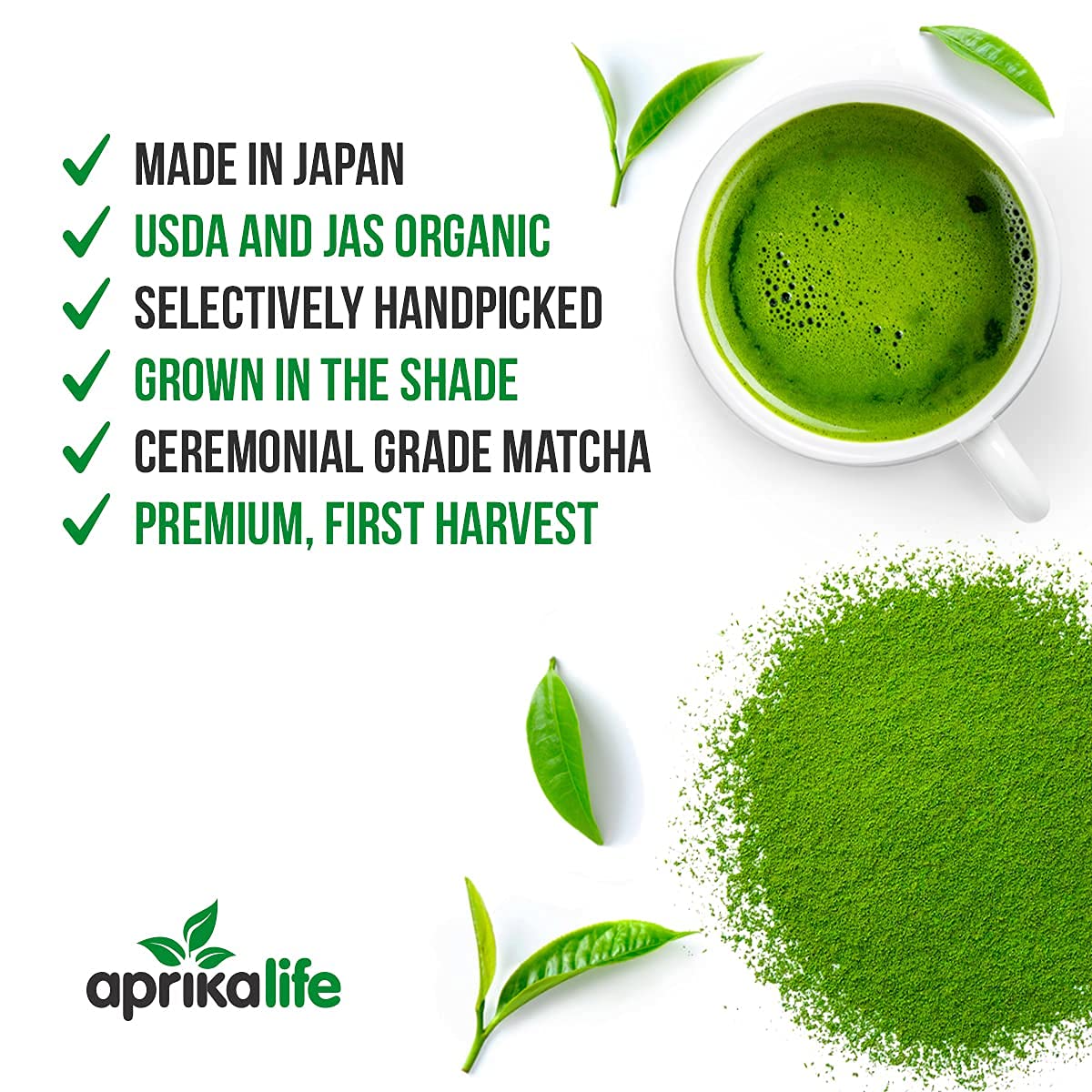 Aprikalife Organic Matcha Powder, Usda & Jas Certified, No Sugar Added, Authentic Japanese Ceremonial Grade Matcha Green Tea Powder, 3.5 Oz/100G