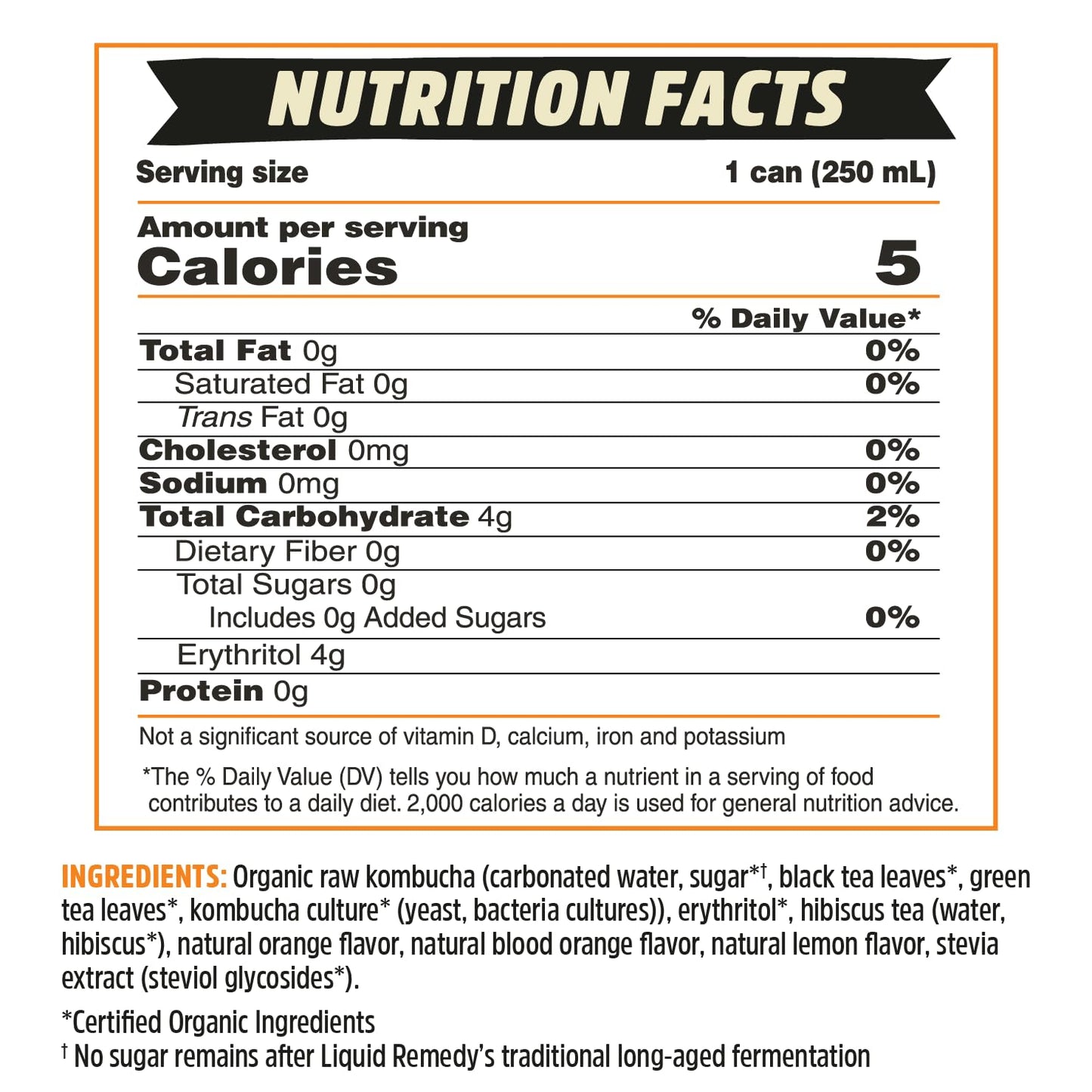 Liquid Remedy Kombucha Sugar Free Organic Drink, Low Calorie, Probiotic Like Tea for Gut Health - Orange Splash - 8.5 Fl Oz Can,
