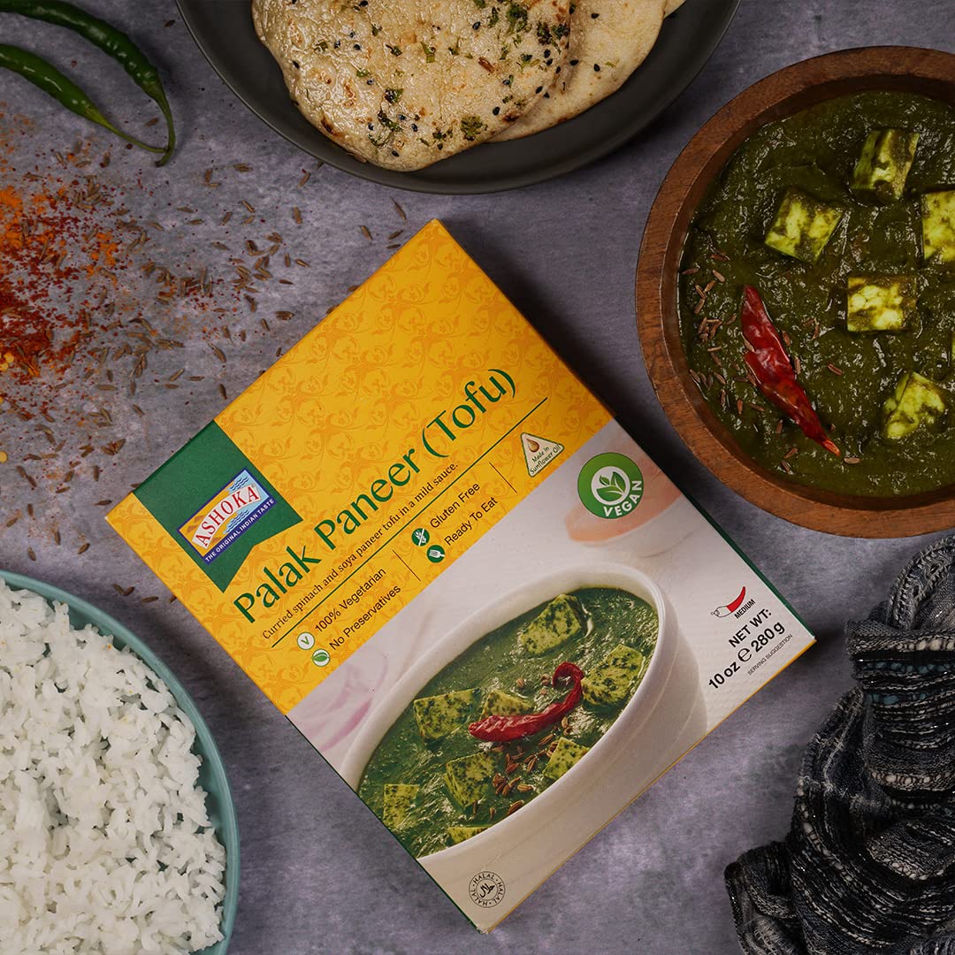 ASHOKA Plant-Based Tofu & Spinach Curry, Ready to Eat, All-Natural, Kosher Certified, Pack of 5, 10 Ounce