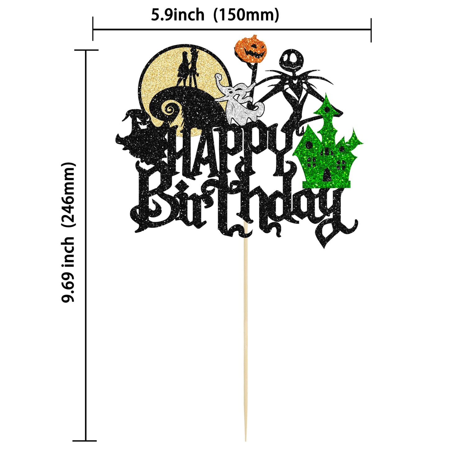 Gyufise 1Pcs Halloween Happy Birthday Cake Topper Glitter Jack And Sally Pumpkin Bat Castle Ghost Halloween Cake Pick For Hallow