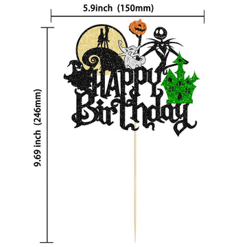 Gyufise 1Pcs Halloween Happy Birthday Cake Topper Glitter Jack And Sally Pumpkin Bat Castle Ghost Halloween Cake Pick For Hallow
