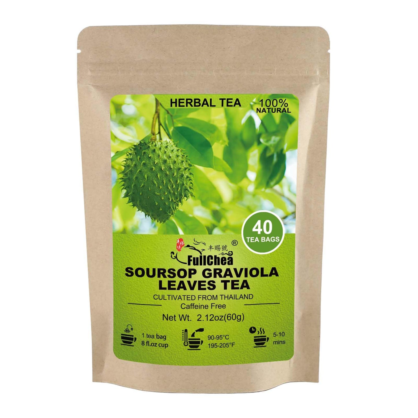 FullChea Soursop Leaves Tea Bags - 40 Count - Non-GMO, Caffeine-free, Improve Digestion, Support Healthy Skin & Sleep