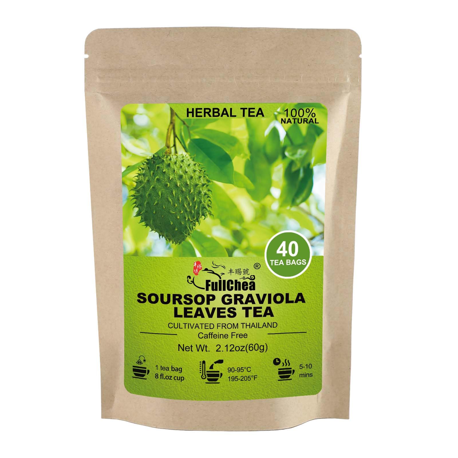 FullChea Soursop Leaves Tea Bags - 40 Count - Non-GMO, Caffeine-free, Improve Digestion, Support Healthy Skin & Sleep