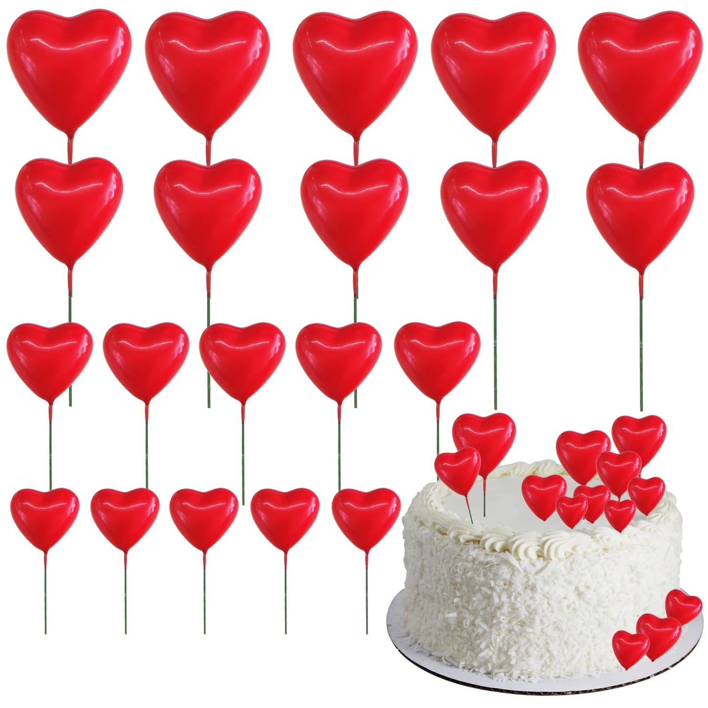 Beishida 20 Pcs Red Heart Cake Toppers 3D Heart Cake Toppers Foam Toppers Cake Decoration Happy Birthday Cake Diy Cake Insert Fo