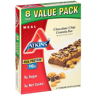 Atkins Chocolate Chip Granola Protein Meal Bar, High Fiber, 17G Protein, 1G Sugar, 3G Net Carbs, Meal Replacement, Keto Friendly