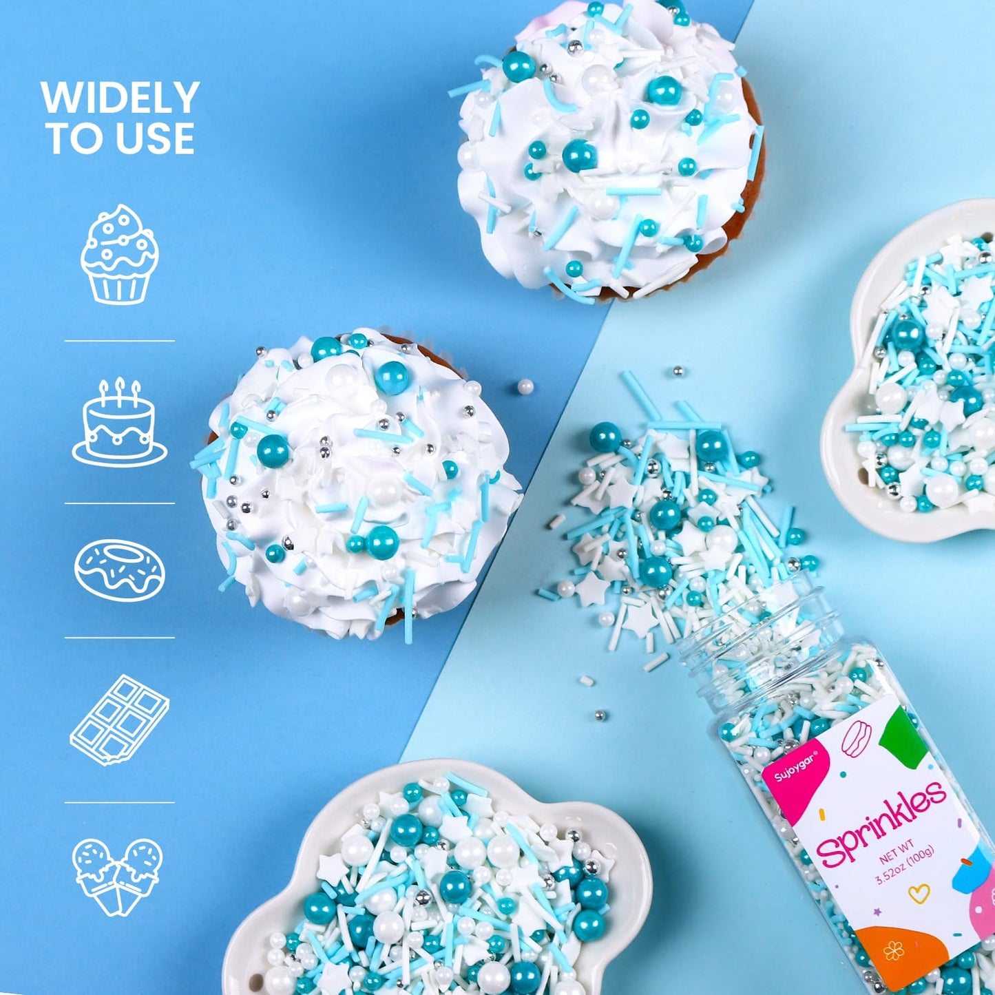 Blue Sprinkles For Cake Decorating, 3.52Oz Blue And White Pearl Sprinkles, Bluey Sprinkles For Cupcakes Baking Ice Cream Cookie,