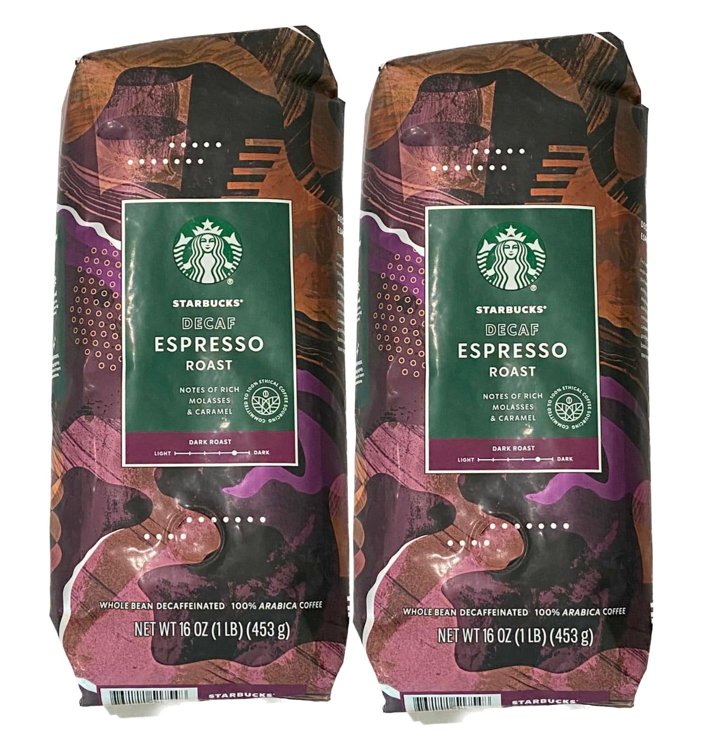 Starbucks Decaf Whole Bean Coffee, Espresso, Dark Roast, 16 Ounce Bags, 2/Pack (32 Ounces Total)
