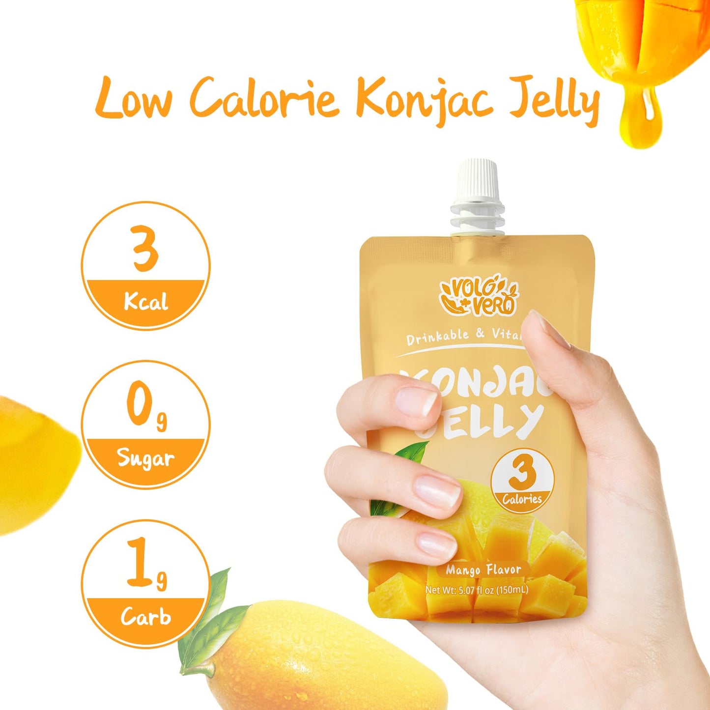 VOLO VERO Konjac Jelly Squeeze Pouch Mango Flavor, Low Calories (3 Kcal), 10 Packs, Gluten Free & Vegan, 0 Sugar, Keto, Low Carb