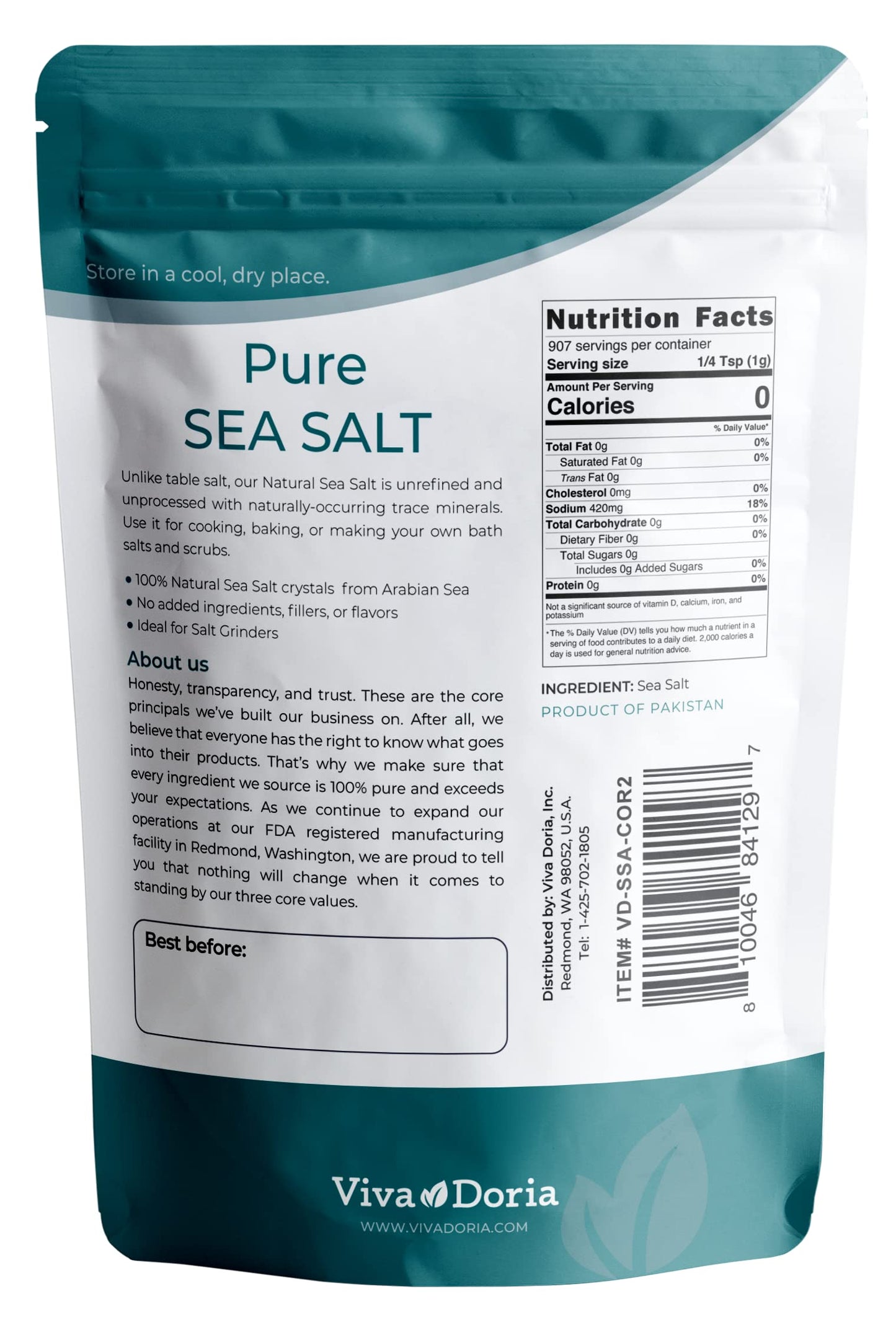 Viva Doria Pure Sea Salt, Coarse Grain, 32 Ounce (2 lb), Ideal for Salt Grinders
